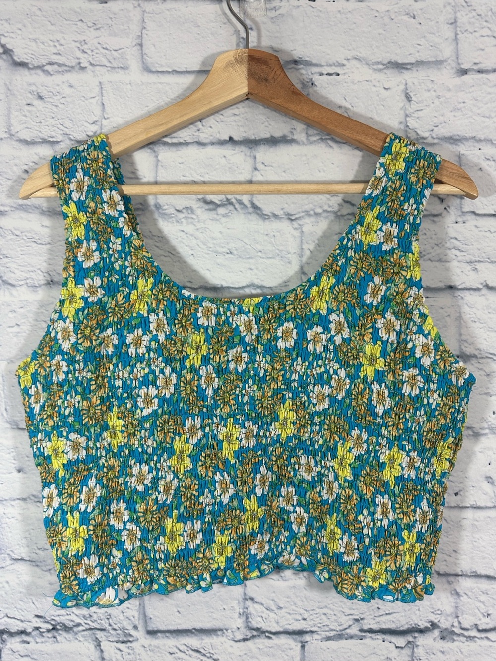 NWT Mittoshop Womens Sleeveless Floral Turquoise Yellow Smock Crop Top Large